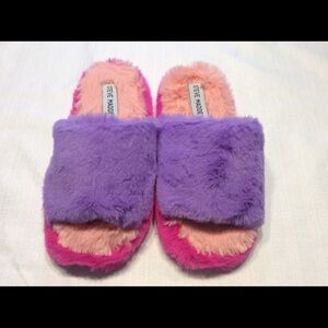 Steve Madden slippers girls 2/3 faux fur slip ons pink purple fuzzy